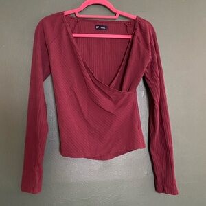 GAP- deep garnet red modern ribbed long sleeve wrap style blouse cotton blend